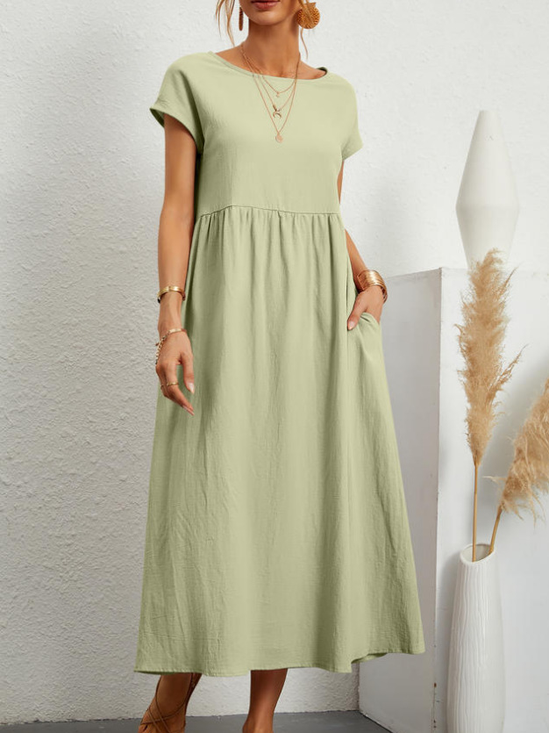 Casual Plain Crew Neck Midi Dress