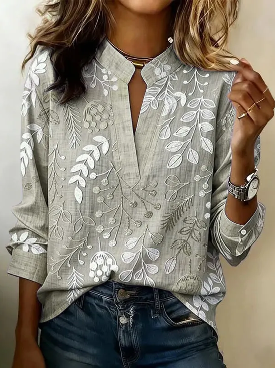 Women's Long Sleeve Blouse Spring/Fall Gray Floral Printing V Neck Daily Going Out Vintage Top