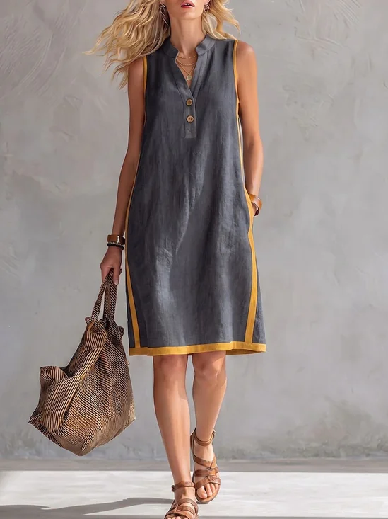 Casual Color Block V Neck Mini Dress
