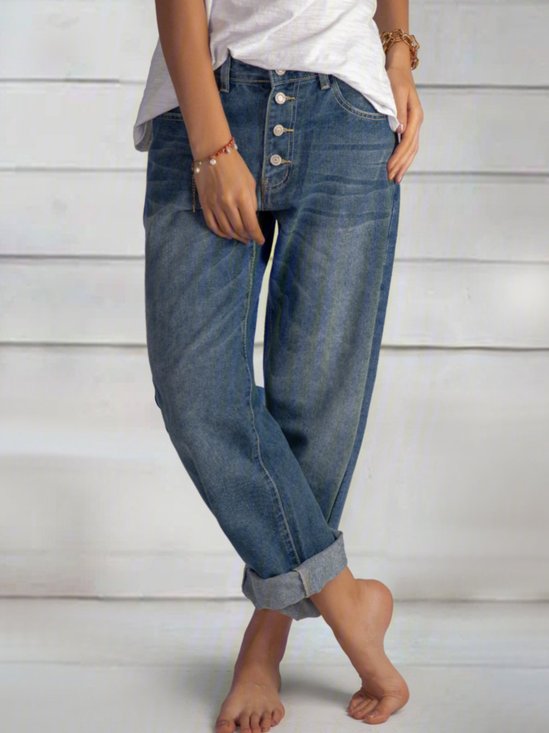 Women Casual Pockets Buttoned Jeans Blue Denim Pants
