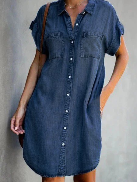 Blue Shirt Collar Plain Short Sleeve Denim Dress