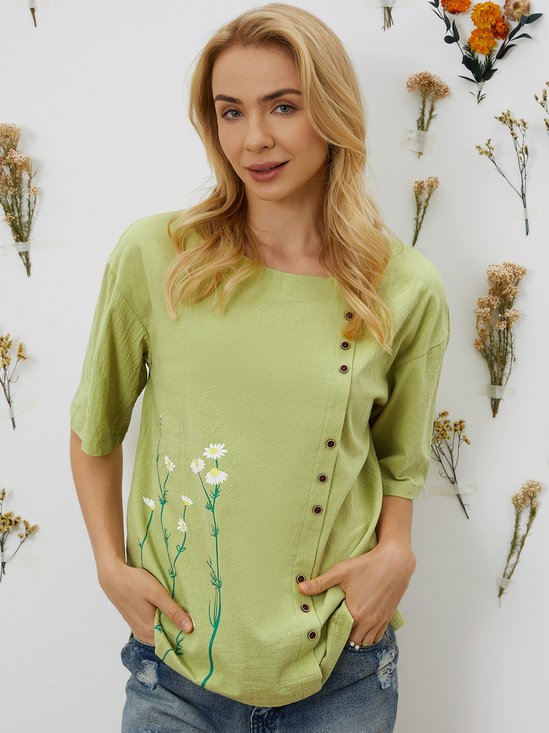 Women Crew Neck Plus Size Floral Buttoned Roll Up Short Sleeve Blouse