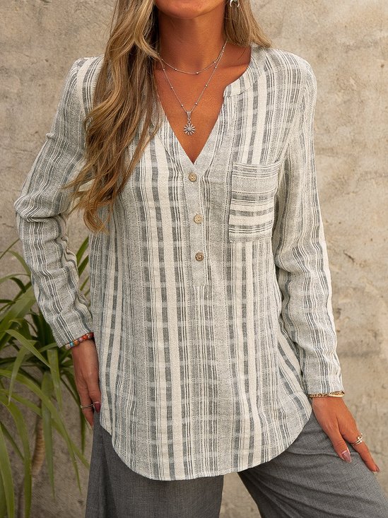 Stripe Button Down V Neck Pocket Casual Long Sleeve Blouse