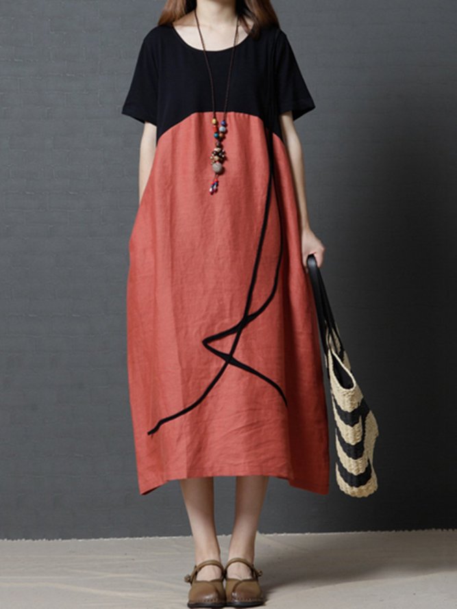 A-line Women Daily Short Sleeve Cotton Paneled Casual Dress | roselinlin