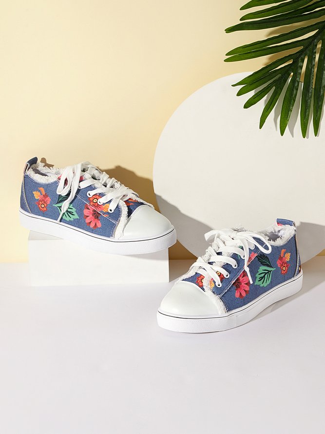 Floral Leaves Lace Up Sneakers Denim Sneakers