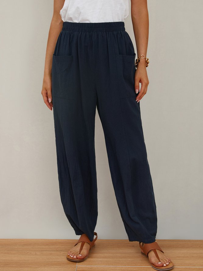 Women Casual Plain Casual Pocket High Waist Linen Pants