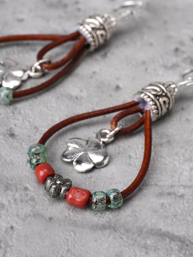 Ethnic Vintage Boho Floral Pattern Leather Earrings