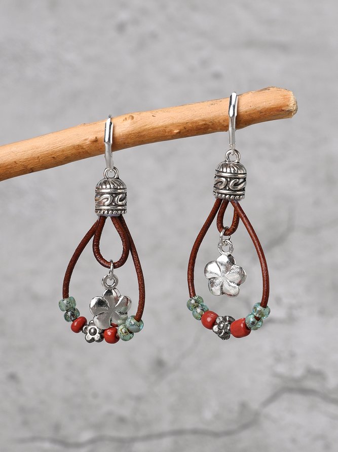 Ethnic Vintage Boho Floral Pattern Leather Earrings
