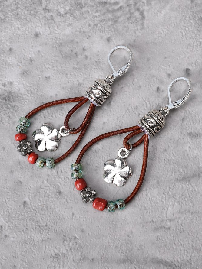 Ethnic Vintage Boho Floral Pattern Leather Earrings