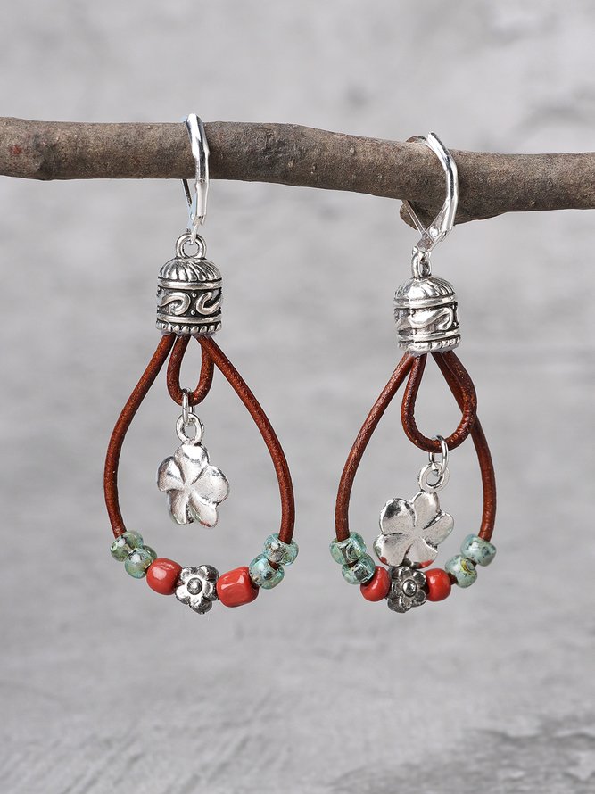 Ethnic Vintage Boho Floral Pattern Leather Earrings