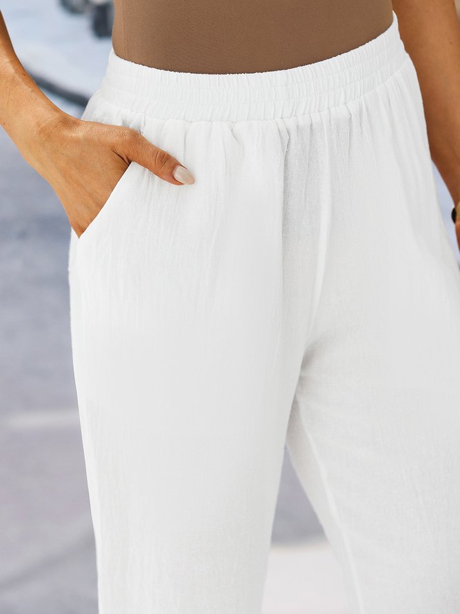  Women Solid Pockets Elastic Waist Casual Linen Pants