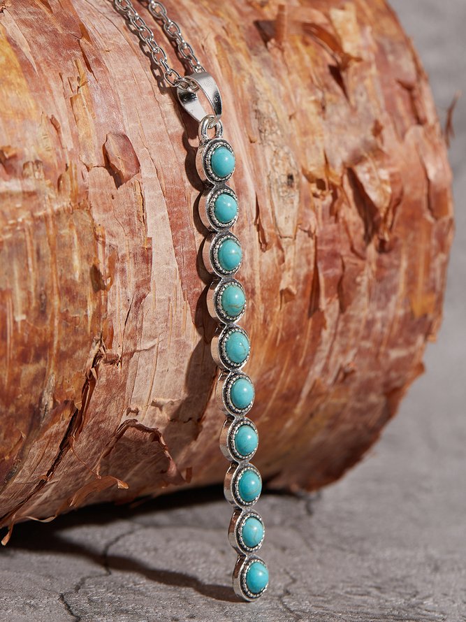 Boho Vintage Turquoise Geometric Long Necklace Sweater Chain