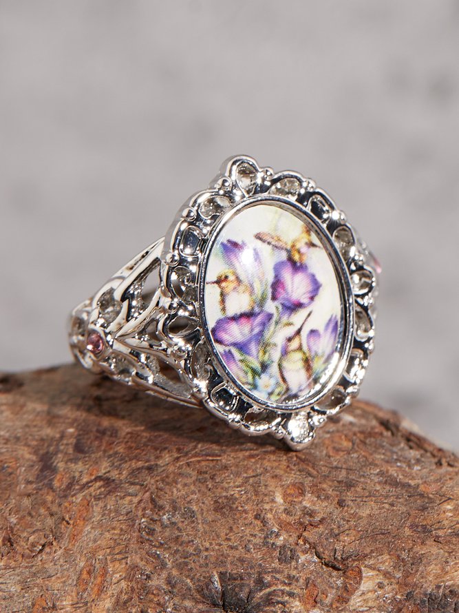 Vintage Hummingbird Floral Time Stone Ring Bohemian Ethnic Jewelry
