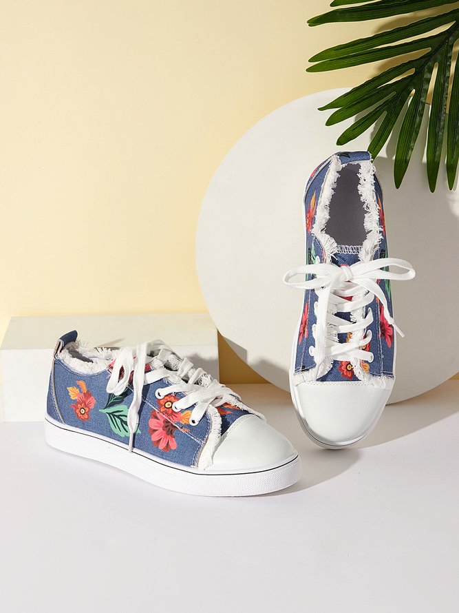 Floral Leaves Lace Up Sneakers Denim Sneakers