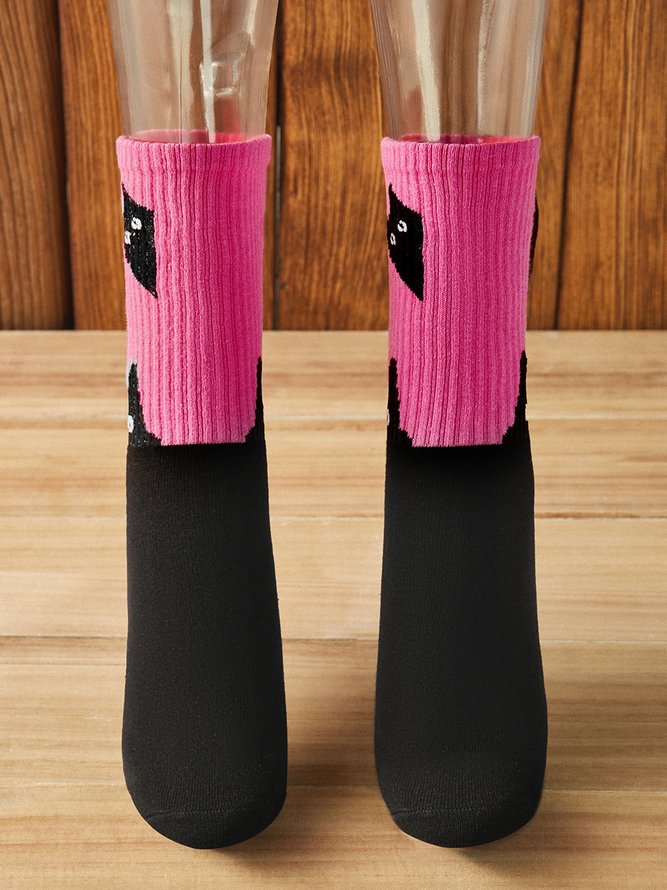 Black Cat Head Color Matching Casual Socks