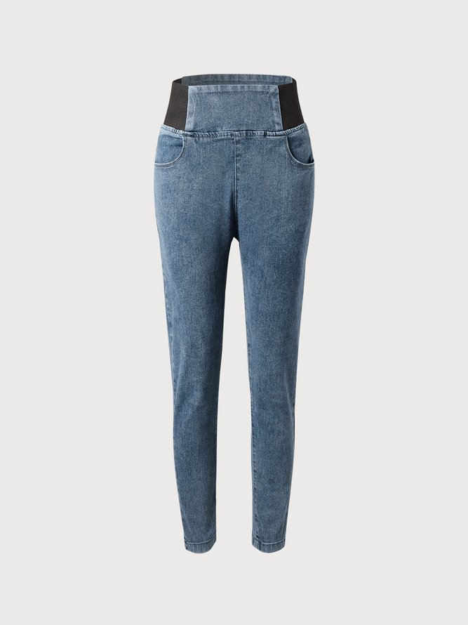 Women Casual Plain Autumn High Waist High Elasticity Daily Loose Plain Pocket Denim Jeans