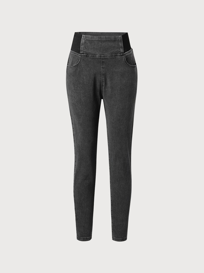 Women Casual Plain Autumn High Waist High Elasticity Daily Loose Plain Pocket Denim Jeans