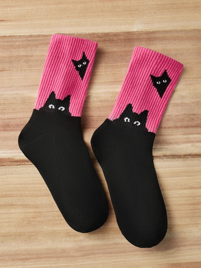 Black Cat Head Color Matching Casual Socks