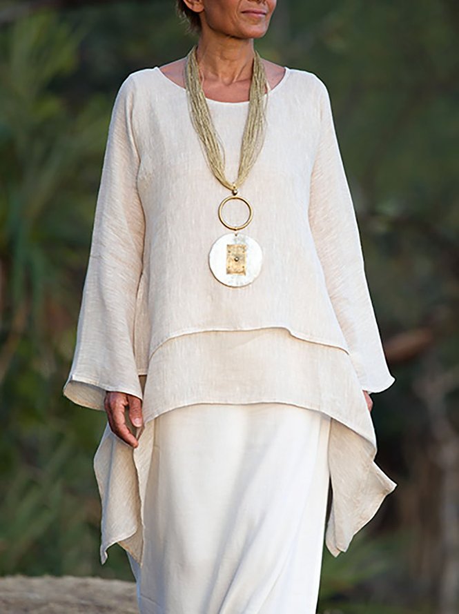 Plain Asymmetrical Hem Casual Loose Three Quarter Sleeve Crew Neck Linen Tunic