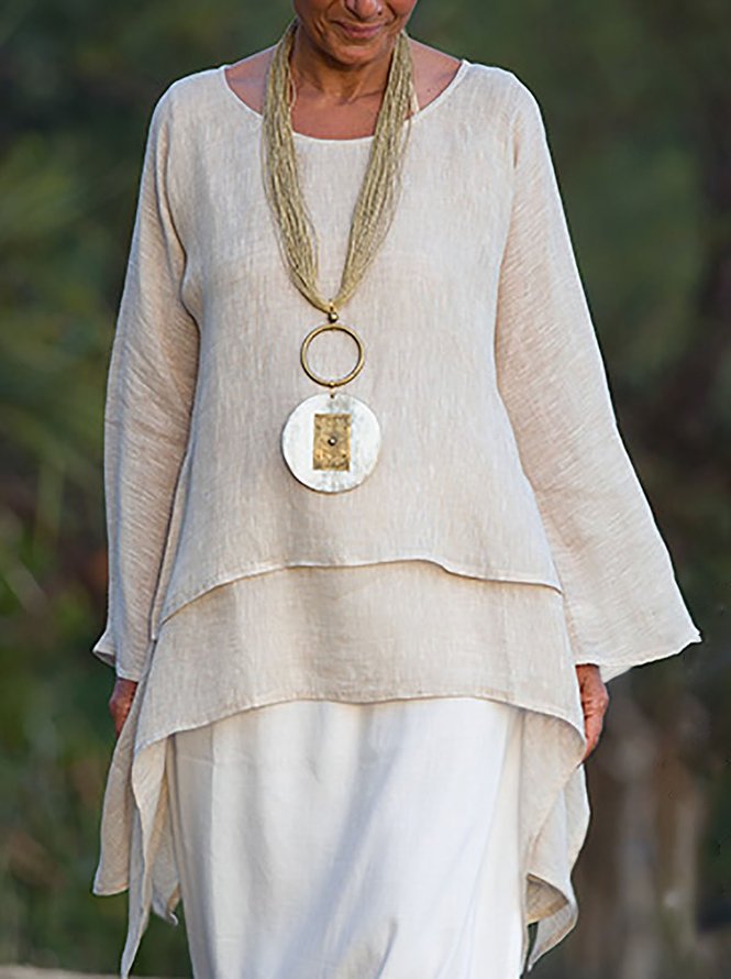 Plain Asymmetrical Hem Casual Loose Three Quarter Sleeve Crew Neck Linen Tunic
