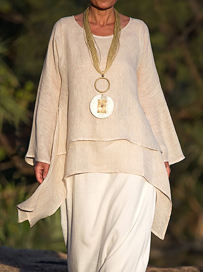Plain Asymmetrical Hem Casual Loose Three Quarter Sleeve Crew Neck Linen Tunic