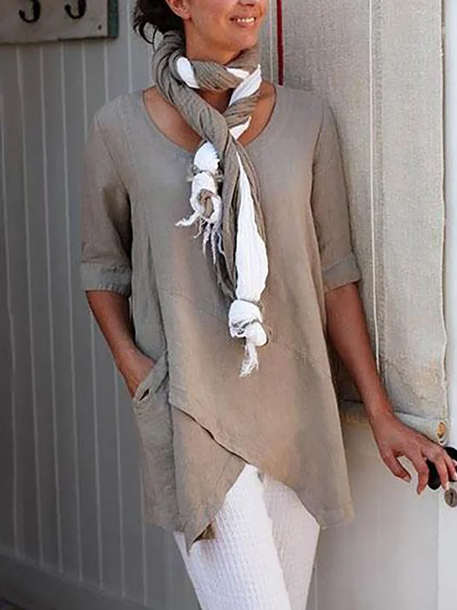 Women Solid Asymmetrical Hem Pockets Half Sleeve Casual Plus Size Cotton Linen Tunic Top