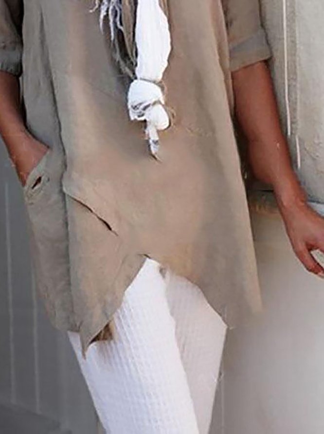 Women Solid Asymmetrical Hem Pockets Half Sleeve Casual Plus Size Cotton Linen Tunic Top