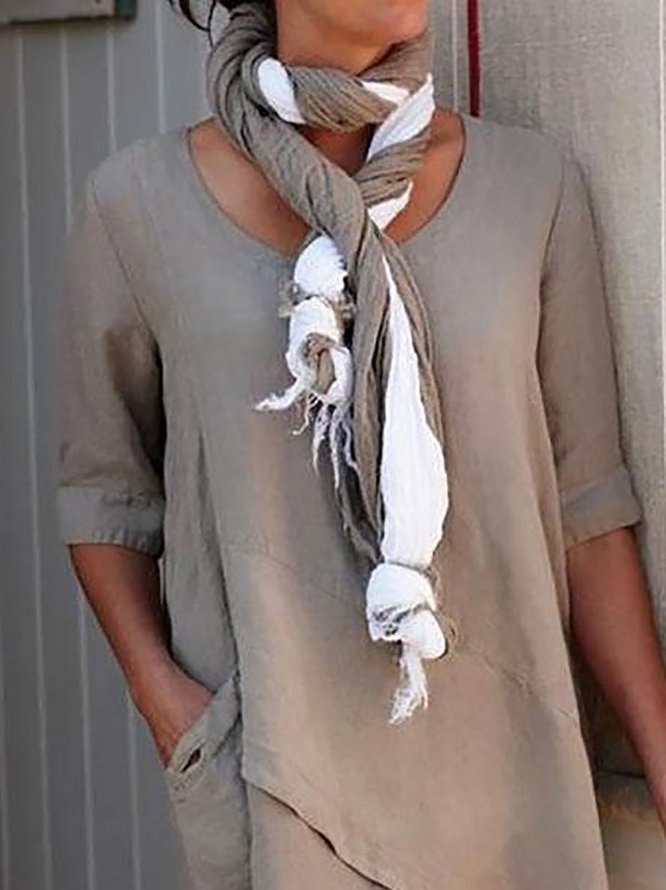 Women Solid Asymmetrical Hem Pockets Half Sleeve Casual Plus Size Cotton Linen Tunic Top