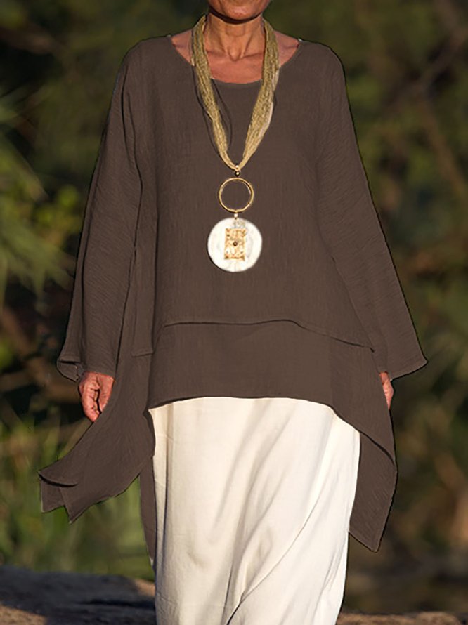 Plain Asymmetrical Hem Casual Loose Three Quarter Sleeve Crew Neck Linen Tunic