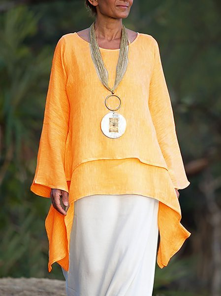 Plain Asymmetrical Hem Casual Loose Three Quarter Sleeve Crew Neck Linen Tunic