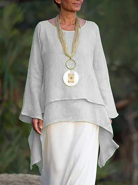 Plain Asymmetrical Hem Casual Loose Three Quarter Sleeve Crew Neck Linen Tunic
