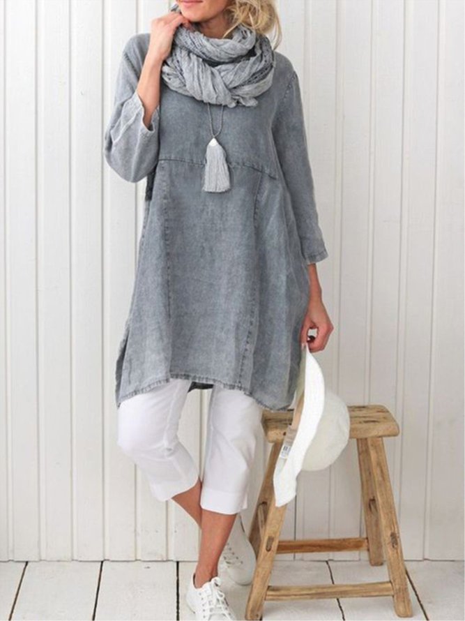Women Pockets Plain Casual Three Quarter Sleeve Cotton and Linen Tunic Top