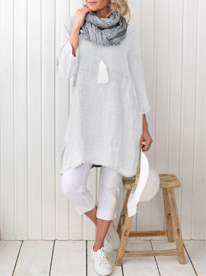 Women Pockets Plain Casual Three Quarter Sleeve Cotton and Linen Tunic Top