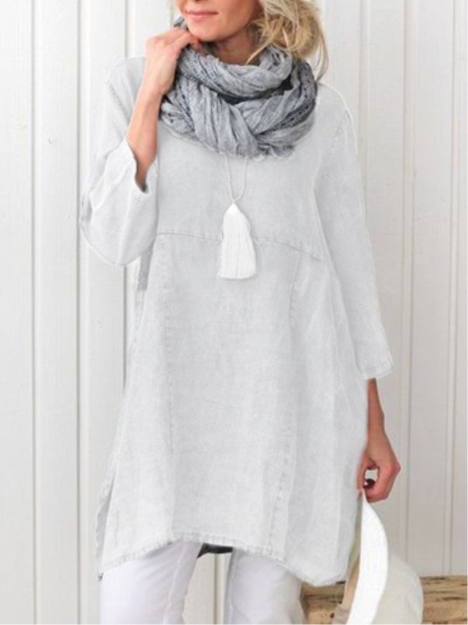 Women Pockets Plain Casual Three Quarter Sleeve Cotton and Linen Tunic Top