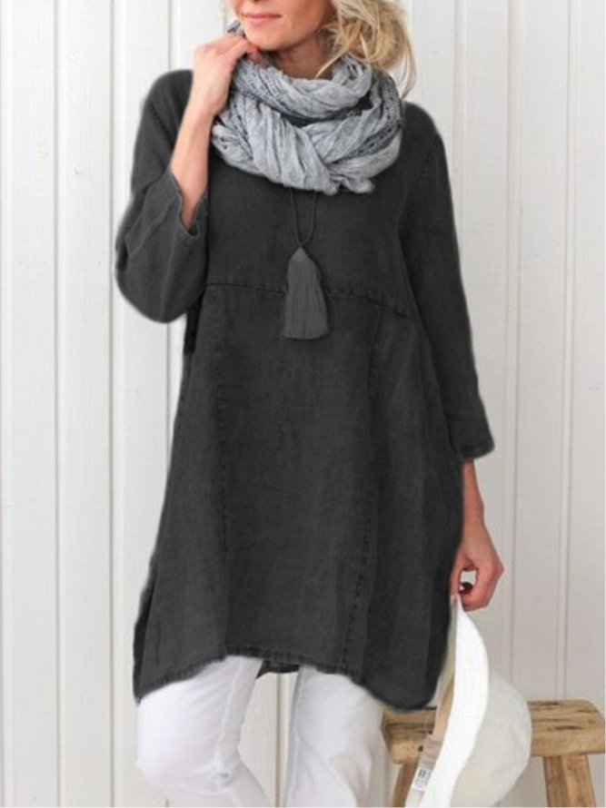 Women Pockets Plain Casual Three Quarter Sleeve Cotton and Linen Tunic Top