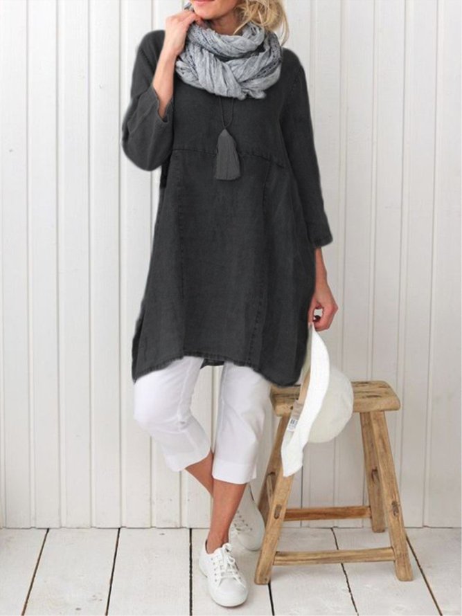 Women Pockets Plain Casual Three Quarter Sleeve Cotton and Linen Tunic Top