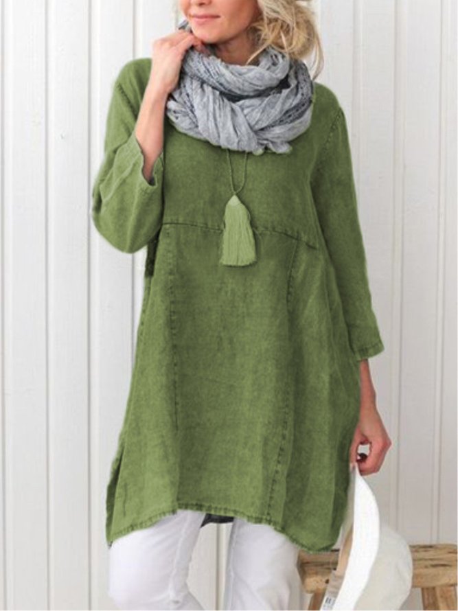 Women Pockets Plain Casual Three Quarter Sleeve Cotton and Linen Tunic Top