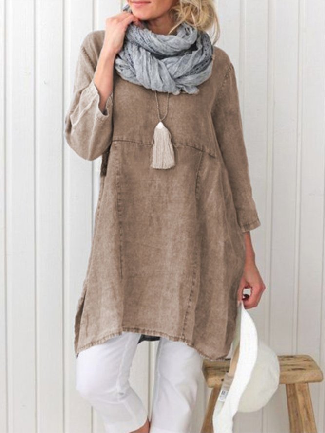 Women Pockets Plain Casual Three Quarter Sleeve Cotton and Linen Tunic Top