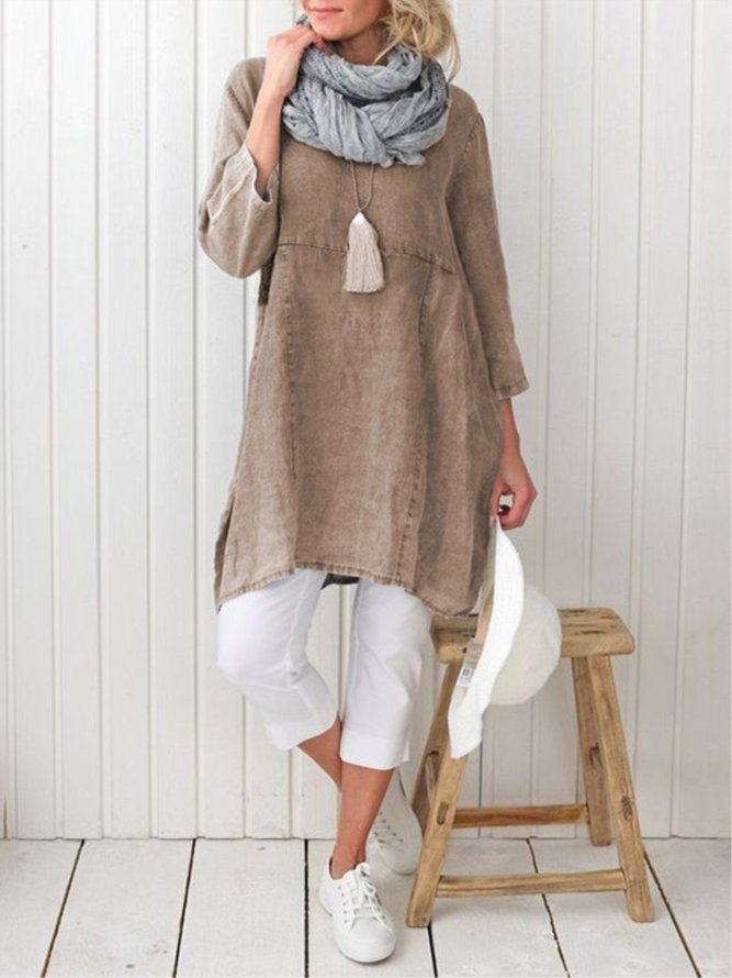 Women Pockets Plain Casual Three Quarter Sleeve Cotton and Linen Tunic Top