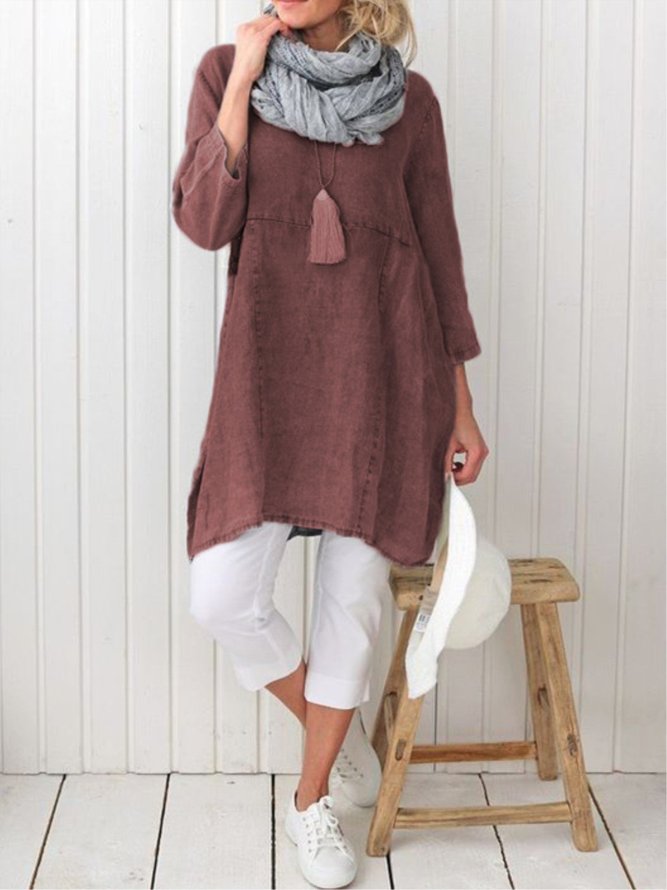 Women Pockets Plain Casual Three Quarter Sleeve Cotton and Linen Tunic Top