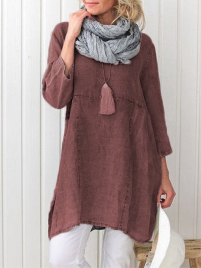 Women Pockets Plain Casual Three Quarter Sleeve Cotton and Linen Tunic Top