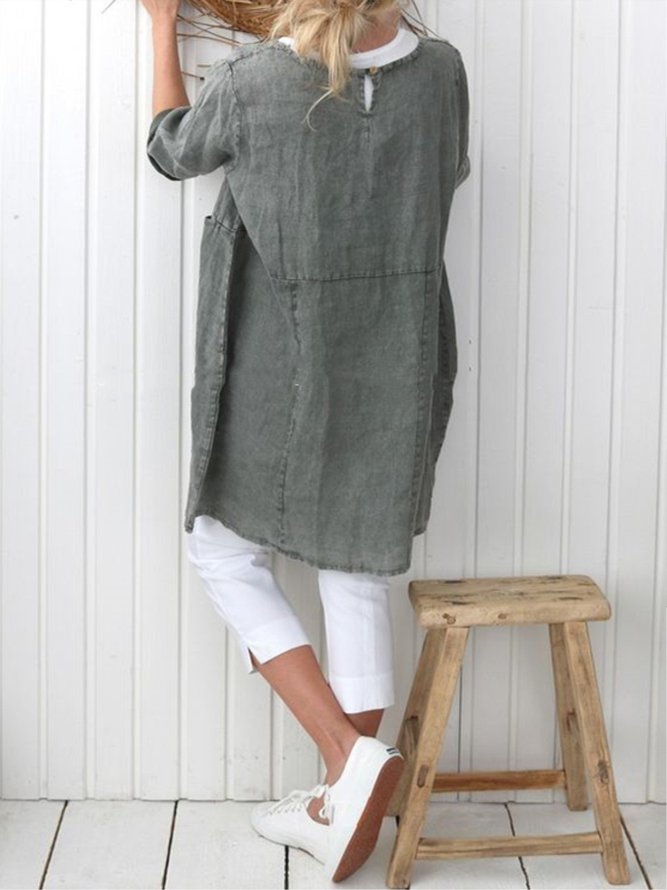 Women Pockets Plain Casual Three Quarter Sleeve Cotton and Linen Tunic Top