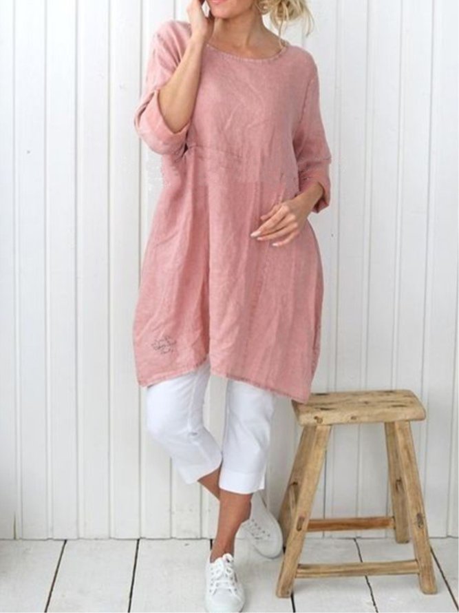 Women Pockets Plain Casual Three Quarter Sleeve Cotton and Linen Tunic Top