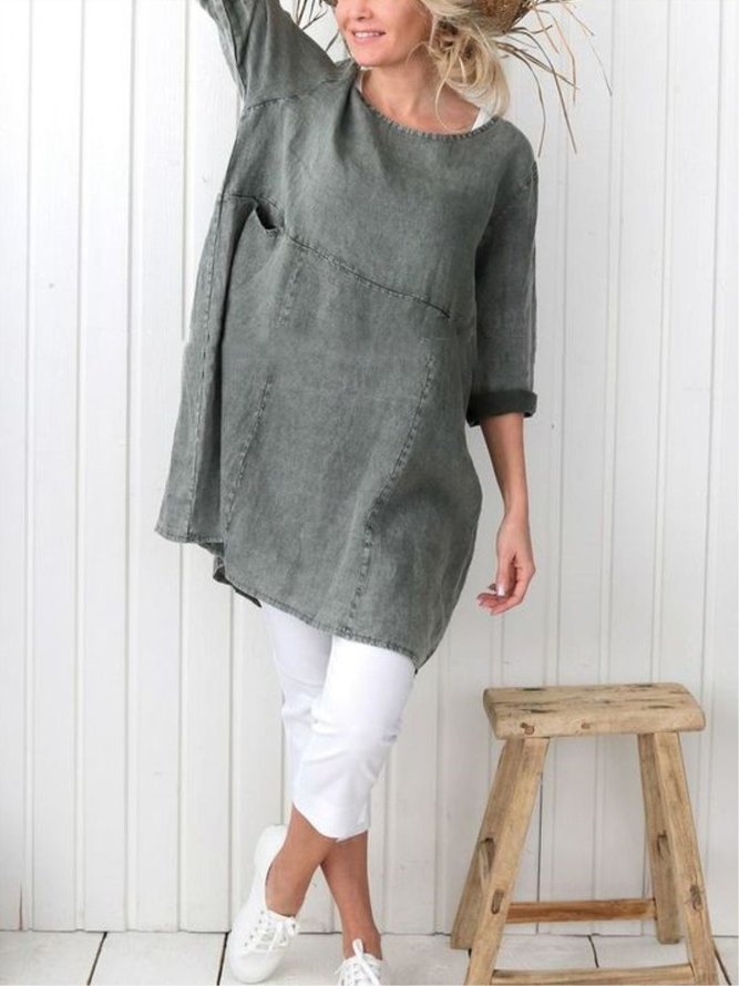 Women Pockets Plain Casual Three Quarter Sleeve Cotton and Linen Tunic Top