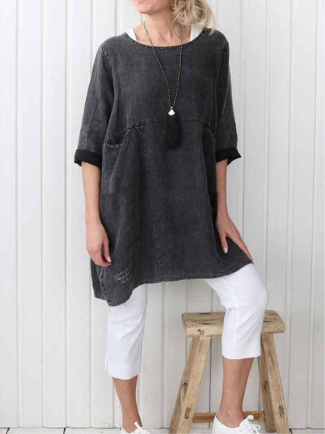 Women Pockets Plain Casual Three Quarter Sleeve Cotton and Linen Tunic Top