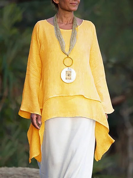 Plain Asymmetrical Hem Casual Loose Three Quarter Sleeve Crew Neck Linen Tunic