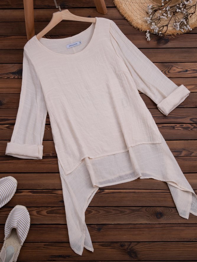 Plain Asymmetrical Hem Casual Loose Three Quarter Sleeve Crew Neck Linen Tunic