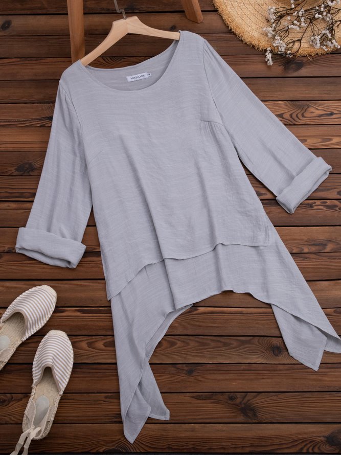 Plain Asymmetrical Hem Casual Loose Three Quarter Sleeve Crew Neck Linen Tunic