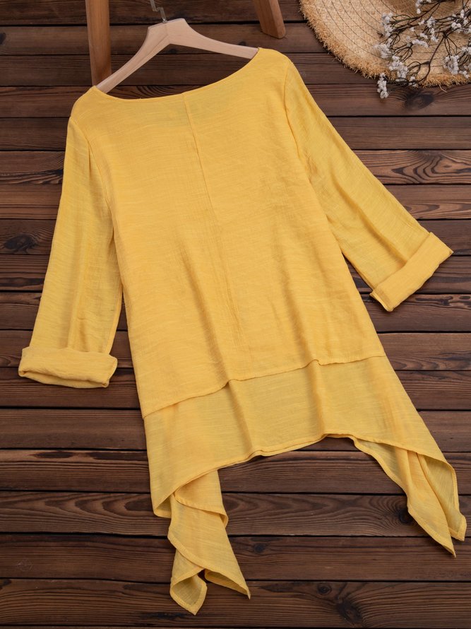 Plain Asymmetrical Hem Casual Loose Three Quarter Sleeve Crew Neck Linen Tunic