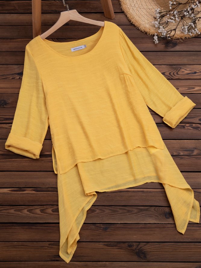 Plain Asymmetrical Hem Casual Loose Three Quarter Sleeve Crew Neck Linen Tunic